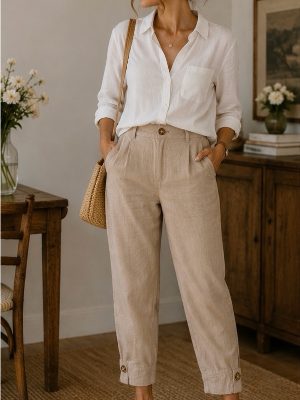 Autres Filles French Girl Linen-Blend High-Rise Tempered Pants Size S
